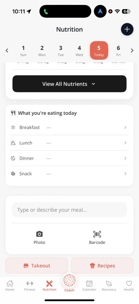 Vora nutrition day view with meals and full nutrient access